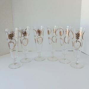 Vtg Mid Century Gold & White Leaf Pattern Pilsner Glasses Set Of 6